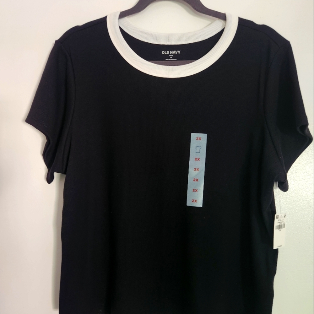 NWT Old Navy Black W/White Trim Short Sleeve Ribbed Top Size 2X